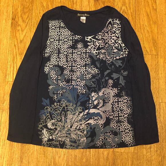 Appropriate Behavior Blue Gray Fleur-de-Lis Filigree Long Sleeve Shirt Size 1X ( - Picture 1 of 8